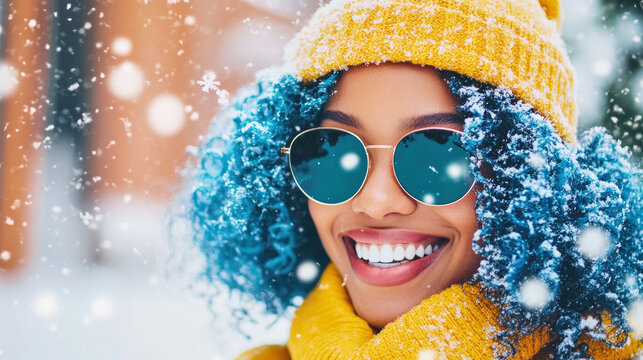 Happy Black woman with curly blue hair in a yellow cap celebrates Christmas and New Year in a snowy setting