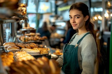 A young woman stands confidently in a bustling bakery. She wears a stylish apron and smiles warmly. 