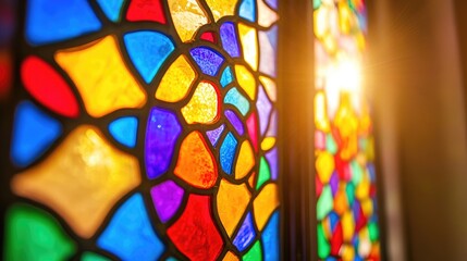 Colorful Stained Glass Window with Sunlight Reflection