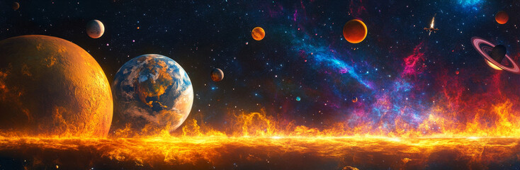 Planets Aligned in a Fiery Cosmic Dance, a captivating scene of celestial bodies in perfect alignment, surrounded by vibrant flames, symbolizing the power and beauty of the universe, cosmic alignment,