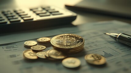 Bitcoin coins on financial documents with a calculator and pen, conceptual finance image.