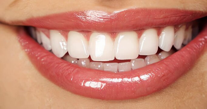 Close up of beautiful smile of young woman with great healthy white teeth isolated over white background. Dental teeth and oral care concept.