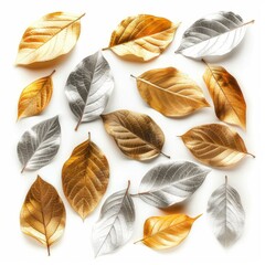 Fototapeta premium Golden and silver leaves forming a pattern on white background