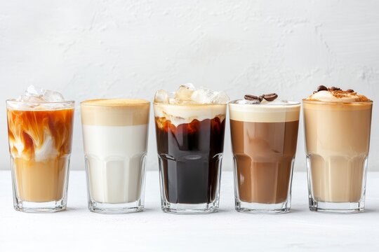 Five different types of iced coffee in glass cups, arranged in a row on a white surface.