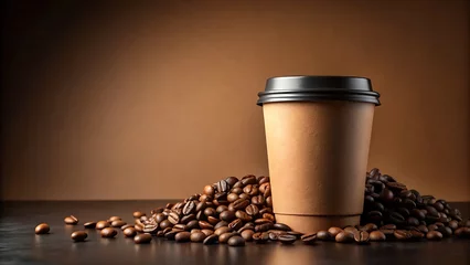  Blank coffee paper cup mockup and coffee beans isolated on brown background with copy space for text © Maria