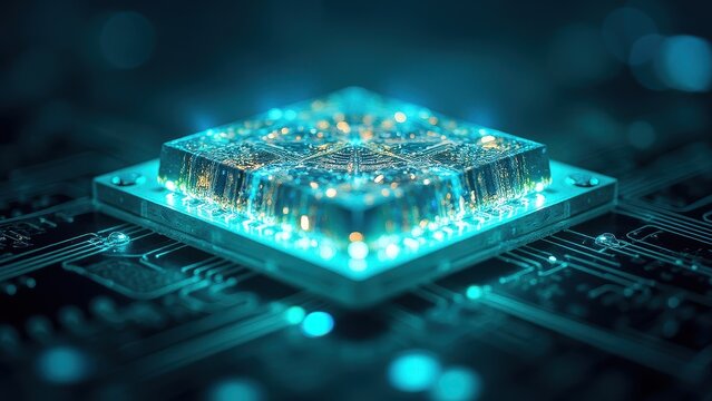 Futuristic Metal Chip on Circuit Board Background