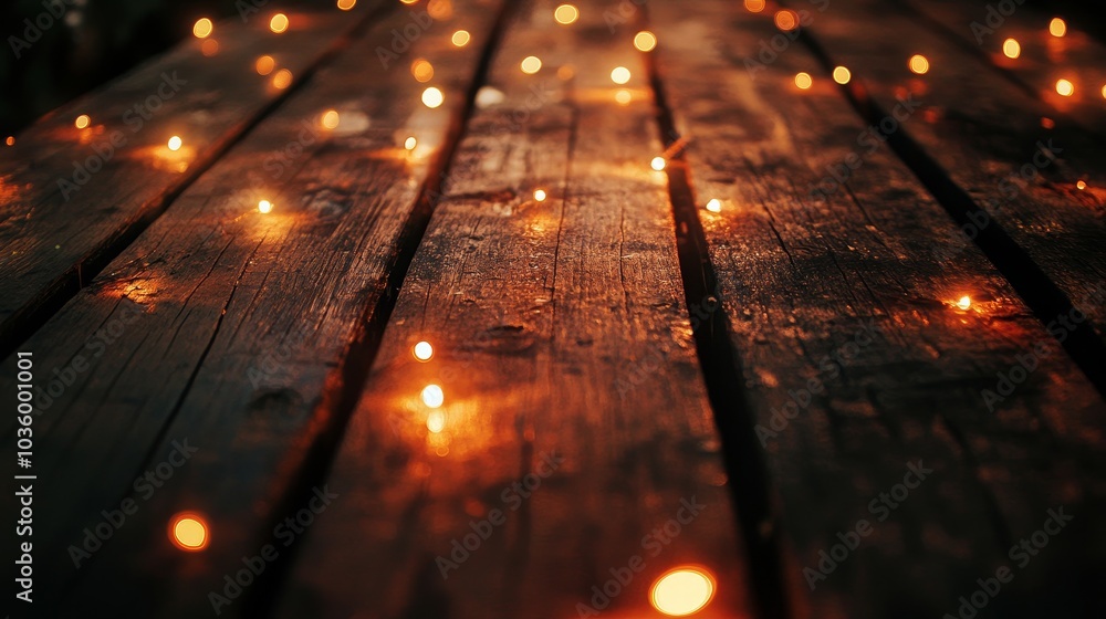 Poster warm string lights illuminate a rustic wooden tabletop, creating a cozy and inviting atmosphere, per