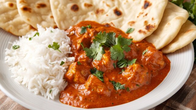 A delightful plate of chicken tikka masala served with basmati rice and garlic naan bread, Chicken tikka masala centered, Soft ambient lighting accentuating the vibrant curry sauce