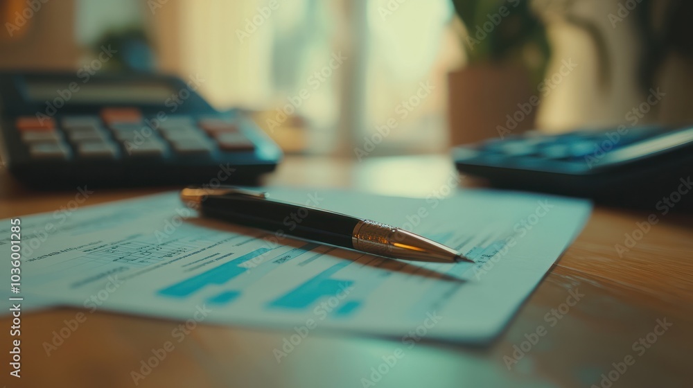 Poster close-up image of a pen placed on financial documents with graphs and numbers, next to a calculator 