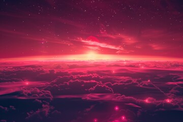 Red Sunset Over a Sea of Clouds with Stars in the Sky