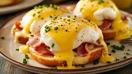 A delightful plate of eggs Benedict with poached eggs, Canadian bacon, and hollandaise sauce