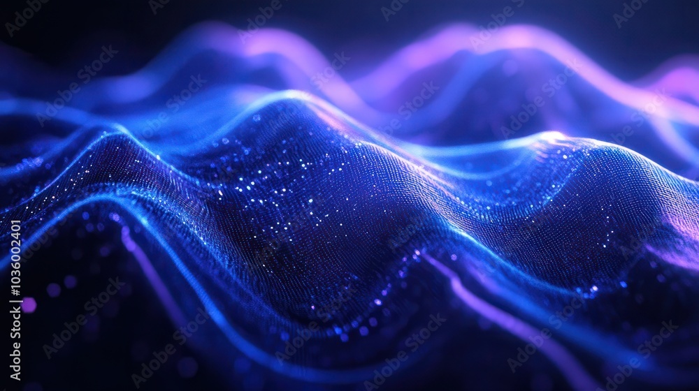 Sticker Dark abstract background with glowing wave. Blue purple wave line light gradient dark background. Abstract technology big data digital background. 3D rendering.587