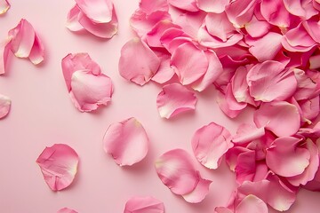 Obraz premium Pink rose petals on pink background. Flat lay, top view