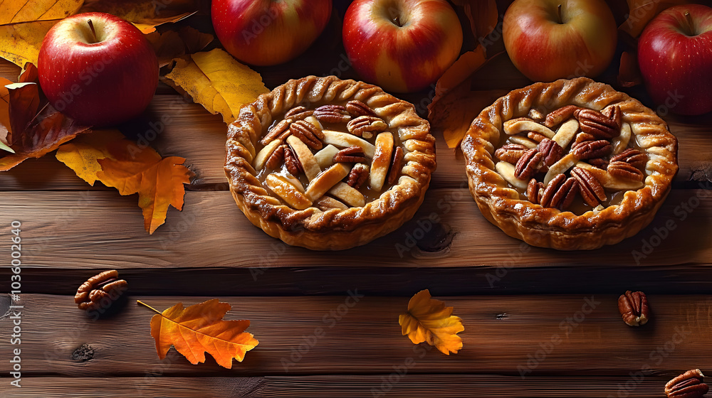 Aufkleber three pies with nuts and apples on a wooden table. the pies are arranged in a row and the table is c