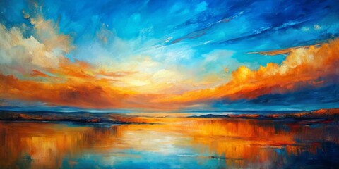 Golden Horizon Reflection - Oil Painting, Abstract Landscape, Sky, Water, Golden Hour, Sunset, Nature
