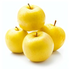 Four whole yellow golden delicious apples with water drops are stacked on a white background