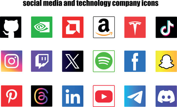 Social media,  technology companies icon set, Instagram, Facebook, x, tesla, snapchat, Threads, TikTok, Telegram, Linkedin, Twitch, Youtube, Pinterest, Nvidia, Discord, Spotfy, Amazon, AMD, GitHub. 