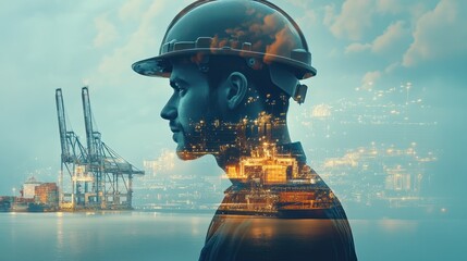 Obraz premium Double exposure Engineer hardhat leverages big data to forecast shipping demand and optimize container usage.