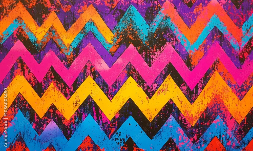 Poster vibrant zigzag patterns in neon colors create a striking visual contrast on a thick backdrop, showca
