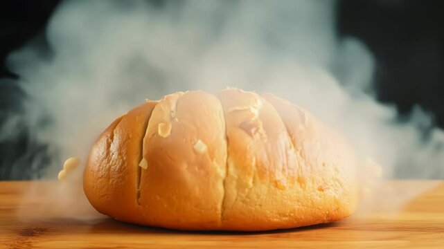 Freshly baked piece of bread character waving hands in greetings. Steamy bakery bread mascot