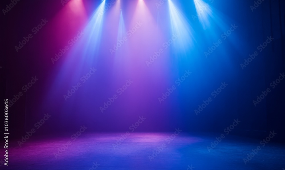 Poster an empty stage is dramatically lit with vibrant blue and purple spotlights, casting a hazy glow and 