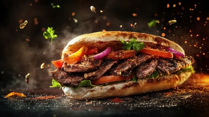 fresh grilled beef turkish or chicken arabic shawarma doner sandwich with flying ingredients and spices hot ready to serve and eat food commercial advertisement menu banner with copy space area