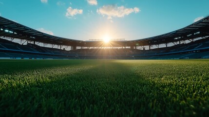 Fototapeta premium A vast, sunlit stadium with lush green grass, capturing the essence of sports and outdoor events in a dynamic, inviting atmosphere.