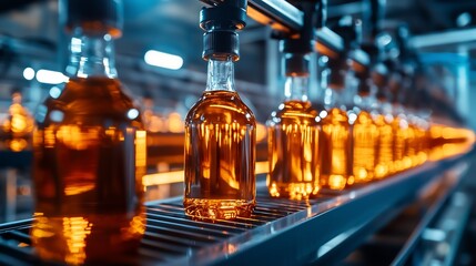 A conveyor belt displays a row of amber liquor bottles in a production facility, illuminated by vibrant industrial lighting.