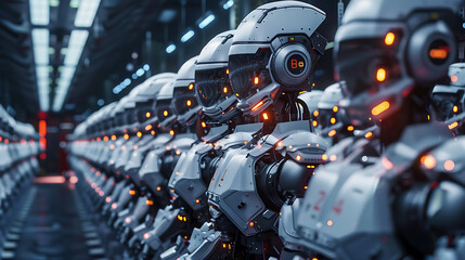 Fototapeta premium A line of futuristic robots stand in a factory setting.