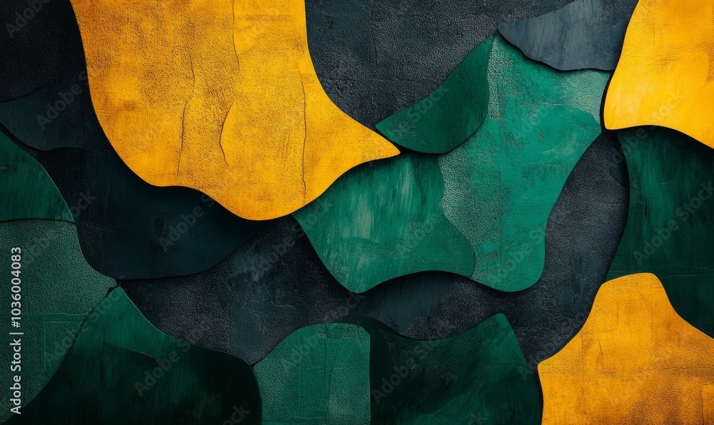 Poster unique abstract composition featuring dark green and yellow shapes creating a vivid interplay of col
