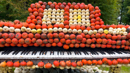 Pumpkin Crafts at fall harvest festival. Halloween farmers market. Concept of seasonal produce, country market and festive fall decorations.