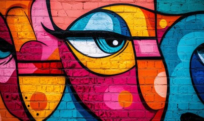 Vibrant street graffiti featuring abstract faces in a colorful urban setting during daytime