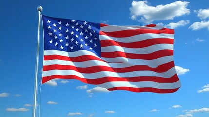Fototapeta premium American flag waving against a blue sky.