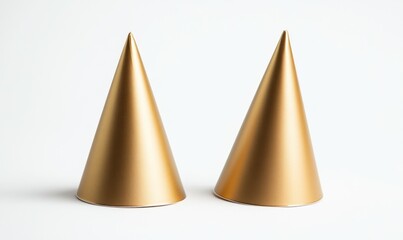 Two gold cone shaped party hats are placed on a white background