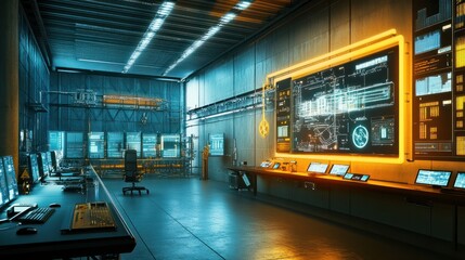 Obraz premium Industrial Innovation A smart factory control room with real-time data monitoring, highlighting the use of big data in industrial management. Realistic Photo,