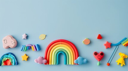 Colorful children's toys on blue background. 3d rendering.
