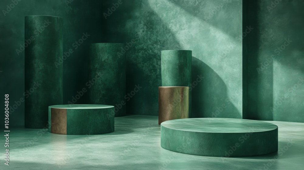 Aufkleber The setting features various cylindrical and circular pedestals in muted green tones against textured walls. Soft daylight filters in, casting gentle shadows across the contemporary interior.