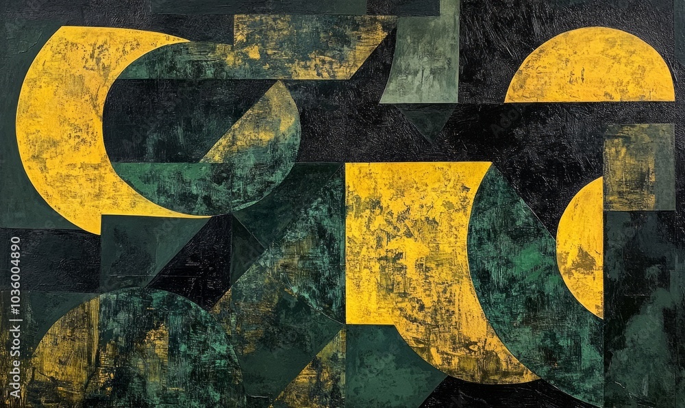 Poster unique abstract composition featuring dark green and yellow shapes creating a vivid interplay of col