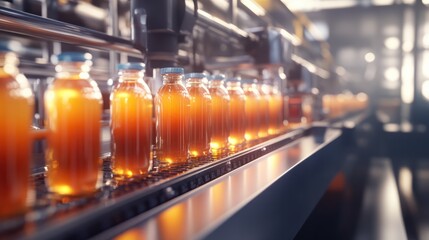 Modern production line for bottling and packaging natural juices and drinks. Concept of an industrial juice bottling plant, conveyor with juice.