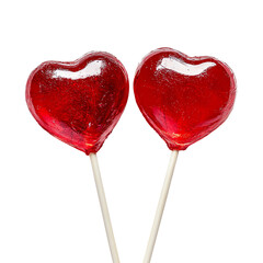 Red heart-shaped lollipops on sticks, white isolate background.