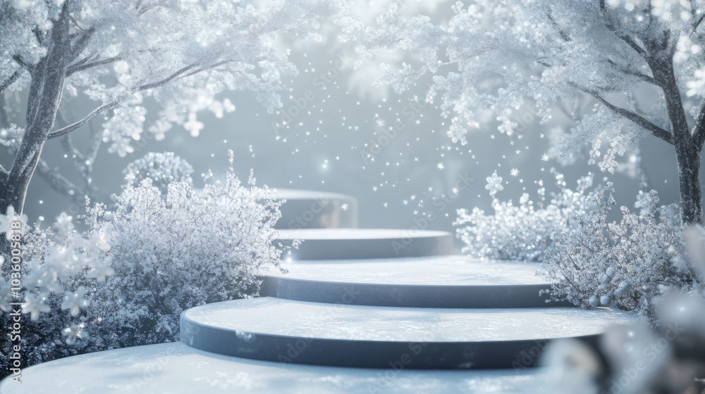 Aufkleber a tranquil pathway lined with fluffy snow and delicate icy branches, gently illuminated by soft ligh