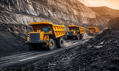Three dump trucks driving through open cut coal mine near