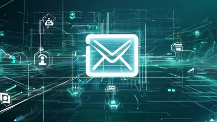 Digital envelope icon representing email communication on futuristic virtual interface. Abstract technology background with security and networking symbols. Cybersecurity and digital communication con