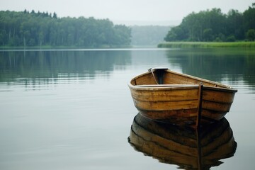Obraz premium Wooden Rowboat Anchored on a Calm Lake with a Forest in the Distance