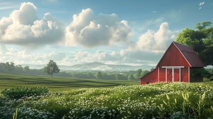 Obraz premium Idyllic farm landscape with rolling fields and a red barn