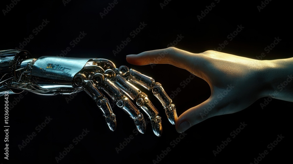 Poster robot and human hands touch on network, illustrating big data connection and tech partnership