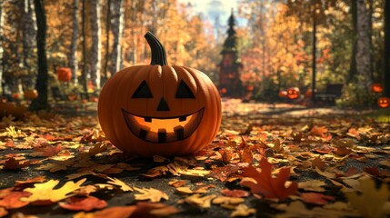 A pumpkin with a smiley face on it is sitting on a path covered in autumn leaves