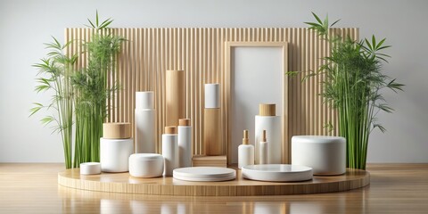 Minimalist Product Display with Bamboo and White Podiums, Product Mockup, Minimalist Display, White Background , Bamboo, Podiums