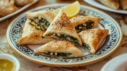 A delightful plate of Lebanese fatayer, triangular pastries filled with spinach, onions