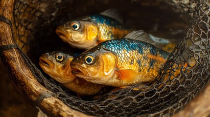 Close-up of colorful fish in a basket, showcasing vibrant blue and orange hues.